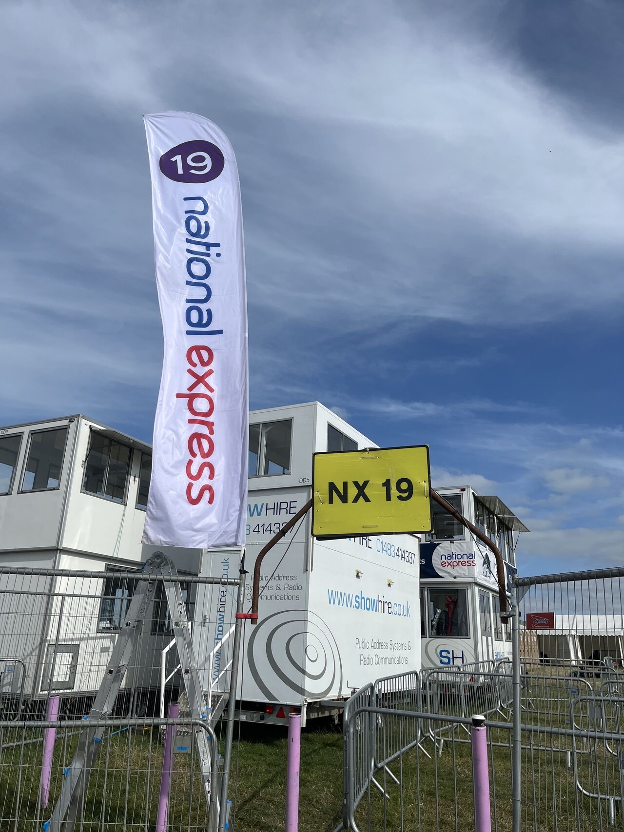 Multi-use event trailer for hire used as organiser office, control unit, ticket office, viewing platform and commentary booth at live events